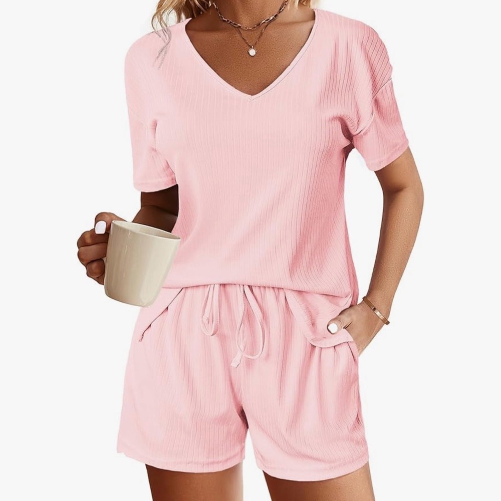 Women's Ribbed V-Neck Sleep Set - Pink